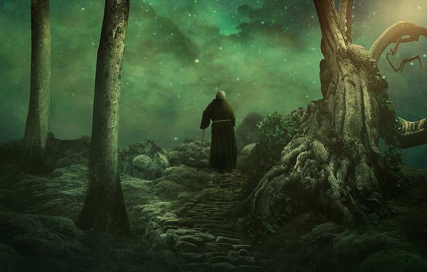 Trees, Starry Sky, Monk, Rock, Moss, Scholar, Old, Moonlight, Mystical, Mysterious, Path