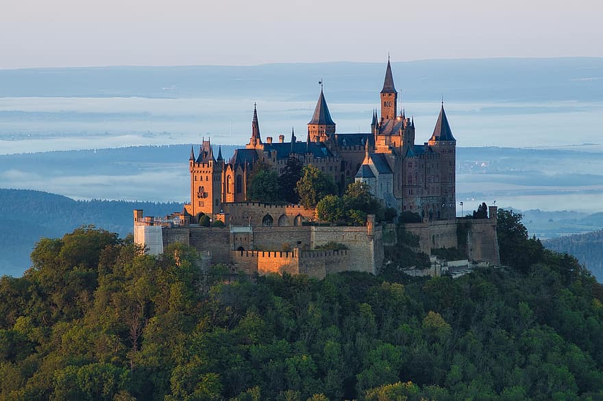 zamek Hohenzollernów, zamek, wschód słońca, architektura, twierdza, pałac, Góra, wzgórze, drzewa, pomnik, historyczny