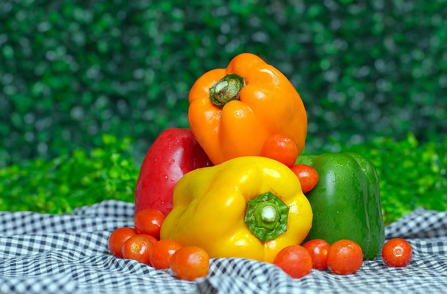 paprika, tomater, vegetabiliska, körsbärstomater, spansk peppar, producera, mat, organisk, hälsosam