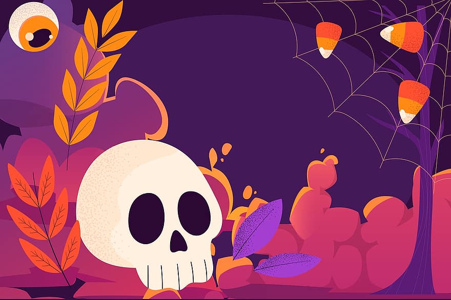 ハロウィン、頭蓋骨、クモの巣、ハロウィンデコレーション、ハロウィーンのお祝い、ハロウィーンの背景、バックグラウンド、壁紙、設計