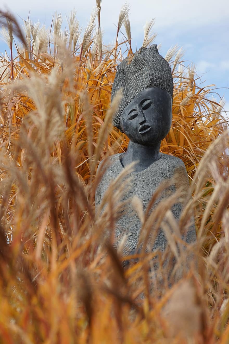 skulptur, statue, kvinde, sten-, græs, zimbabwe, kunstværk, ansigt, Denver, Botanisk Have, efterår