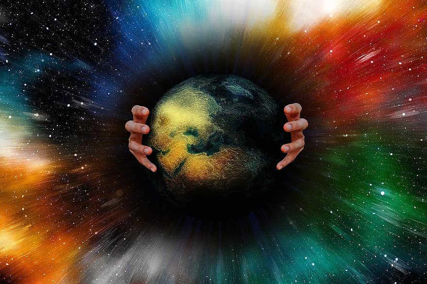 Země, svět, ruce, planeta, prostor, exploze, galaxie, náboženství, světlo, důvěra, Bůh