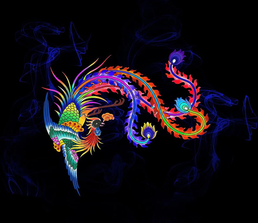 цвят, феникс, традиционен, легенда, Shenniao, птици, перце, крила, танцуване, мистерия, цветен