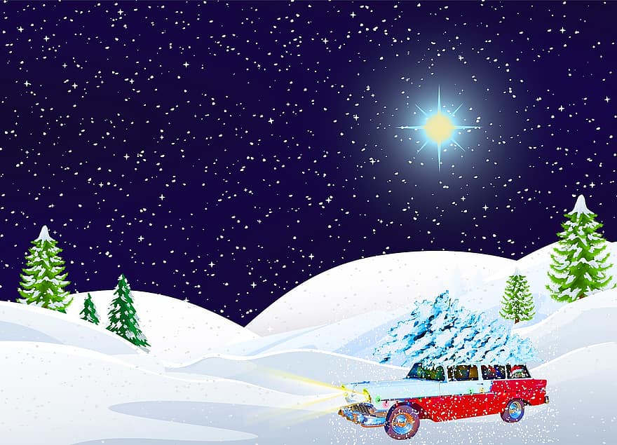 Auto di Natale nella neve, paesaggio, Natale, auto famigliare, I Griswold, vacanze di Natale, auto rossa, Macchina dell'albero di Natale, inverno, la neve, i fiocchi di neve