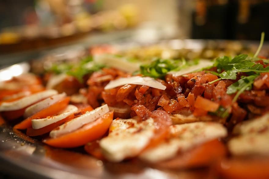 بروشيتا ، موزاريلا ، طماطم ، بداية ، وجبة ، صحي ، الطبخ الإيطالي