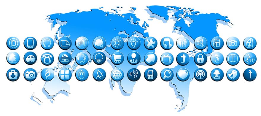 meios de comunicação, continentes, global, globalização, internacional, mídia social, social, Facebook, Internet, botão, Twitter