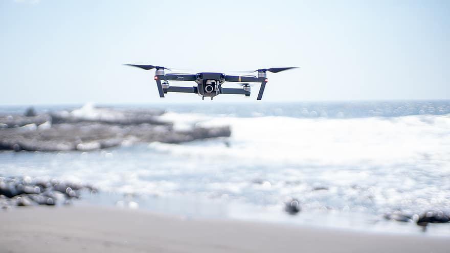 Drohne, Strand, Meer, Flug, Kamera, Wellen, Steine, Küste, Propeller, Luftfahrzeug, fliegend