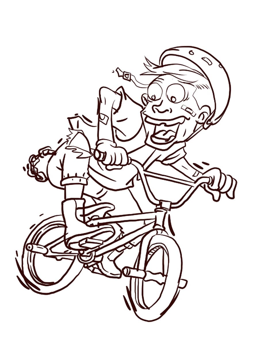 bicicleta, bmx, estil, dibuixos animats, personatge, il·lustració, ciclisme, vector, diversió, homes, esport