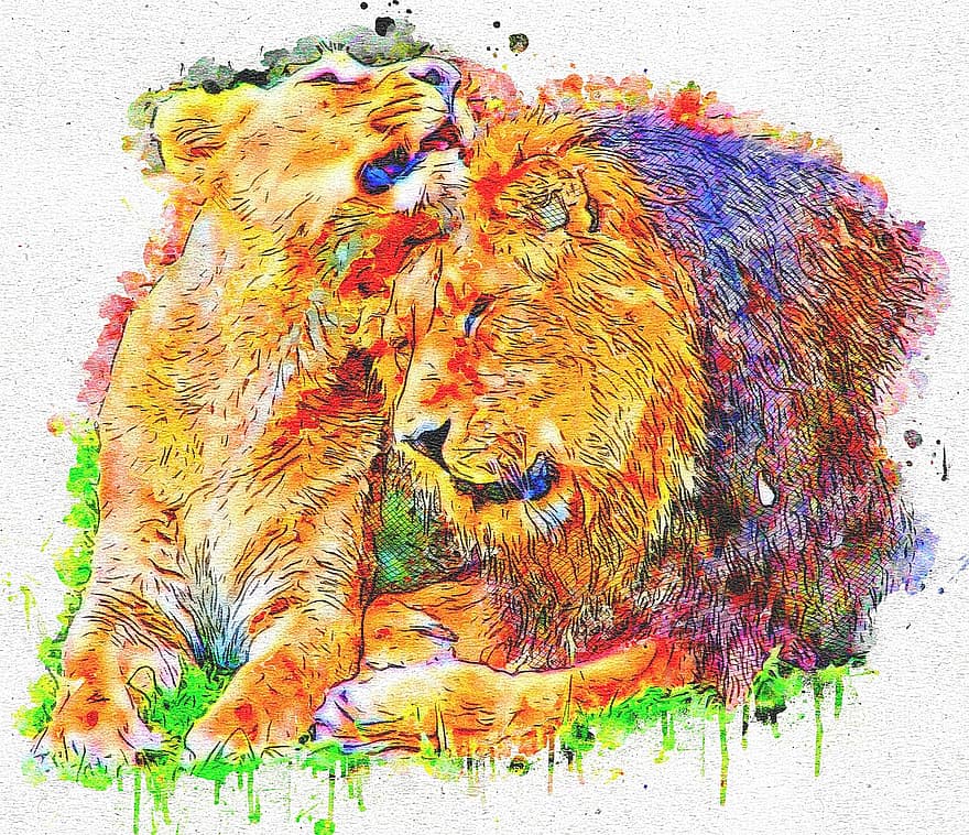 lejon, lioness, vild, konst, vattenfärg, årgång, katt, djur-, känsla, abstrakt, konstnärlig