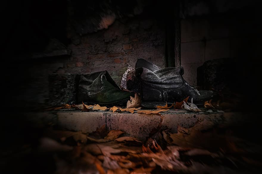 pantofi, frunze, cădea, toamnă, frunziş, locul pierdut, pantofi vechi, murdar, frunze de toamna, întuneric
