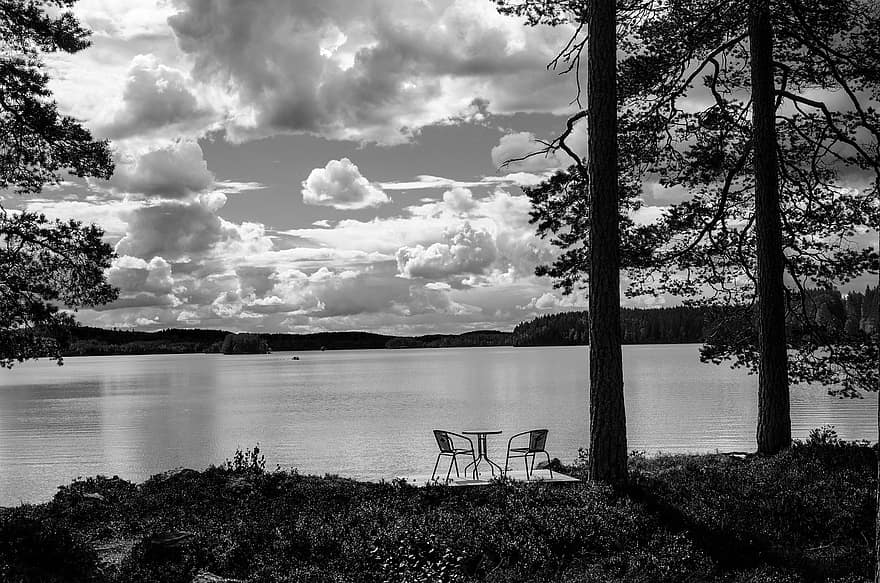 Švédsko, prázdnin, romantika, jezero, černobílý, venku