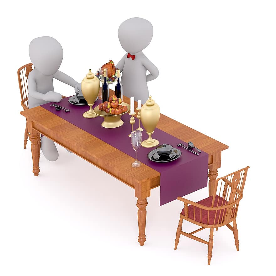 ごちそう、テーブル、gedeckterテーブル、仕える、ウェイター、スナック、パン、フード、食べる、白人男性、3Dモデル