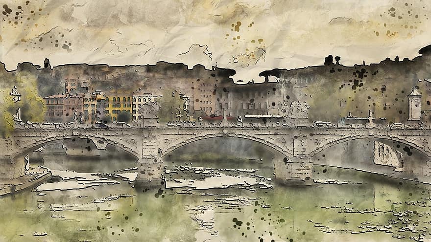 most, kamień, stary, zajęty, grafika, cyfrowy, sztuka, krajobraz, rzeka, woda, architektura