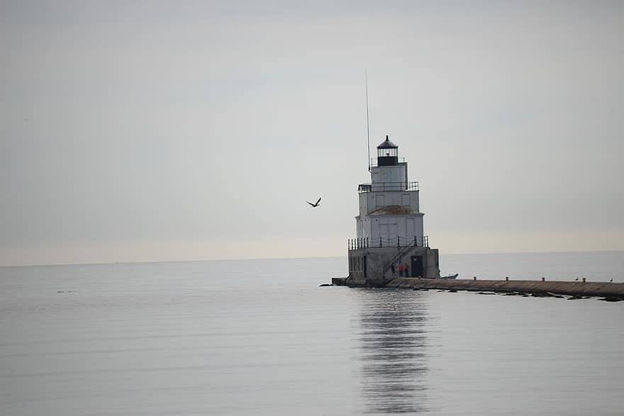 fyr, Lake Michigan, vann, måke, sjømerke