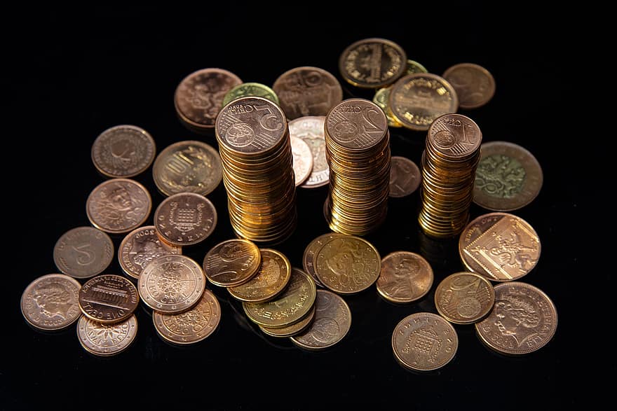 mynt, stilleben, metall, kjede, gammel, bunke, mynter, bank, timepiece, årgang