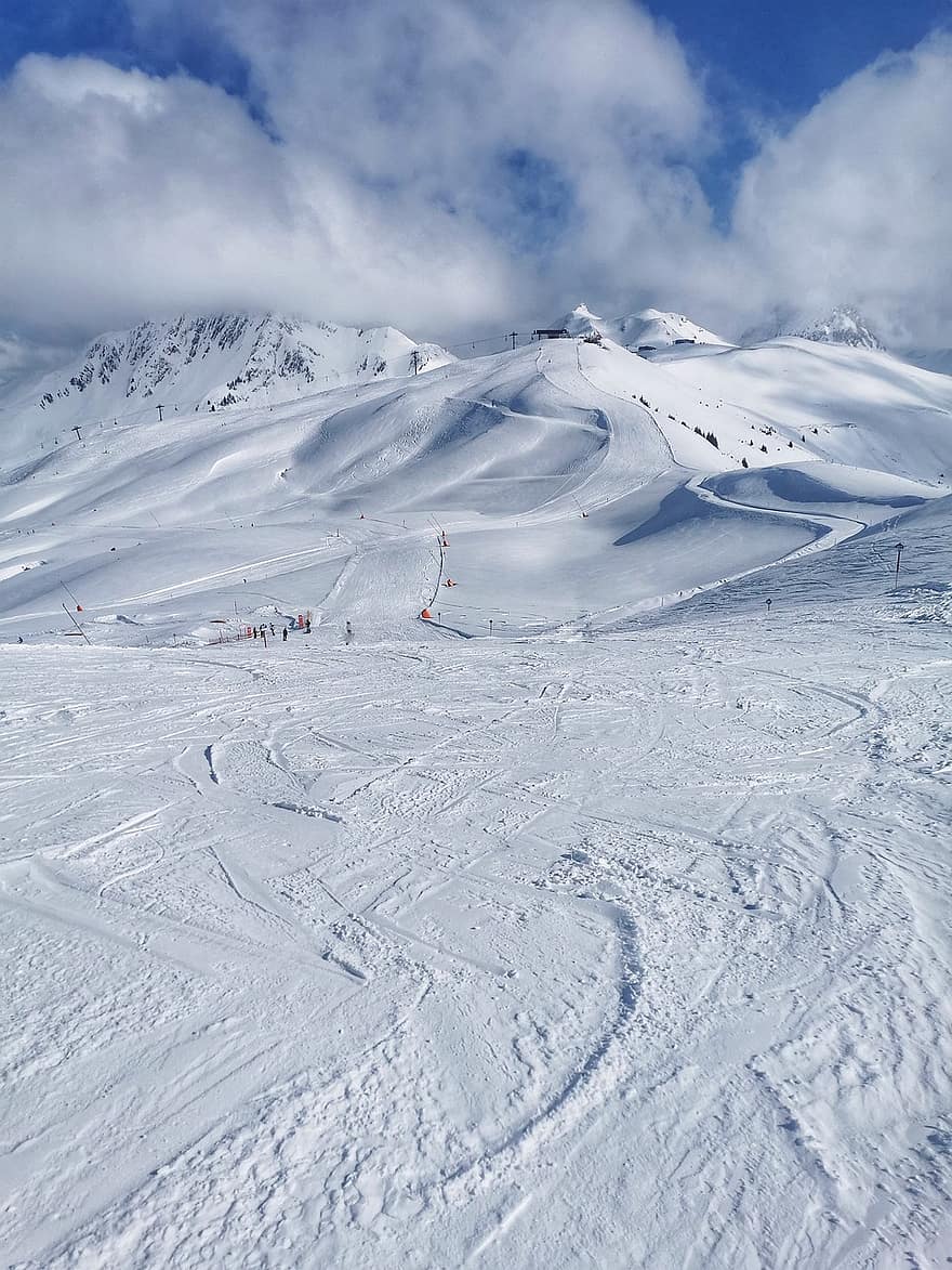 mùa đông, Thiên nhiên, Mùa, tuyết, ngoài trời, bầu trời, những đám mây, đường piste, núi, núi cao, dốc trượt tuyết