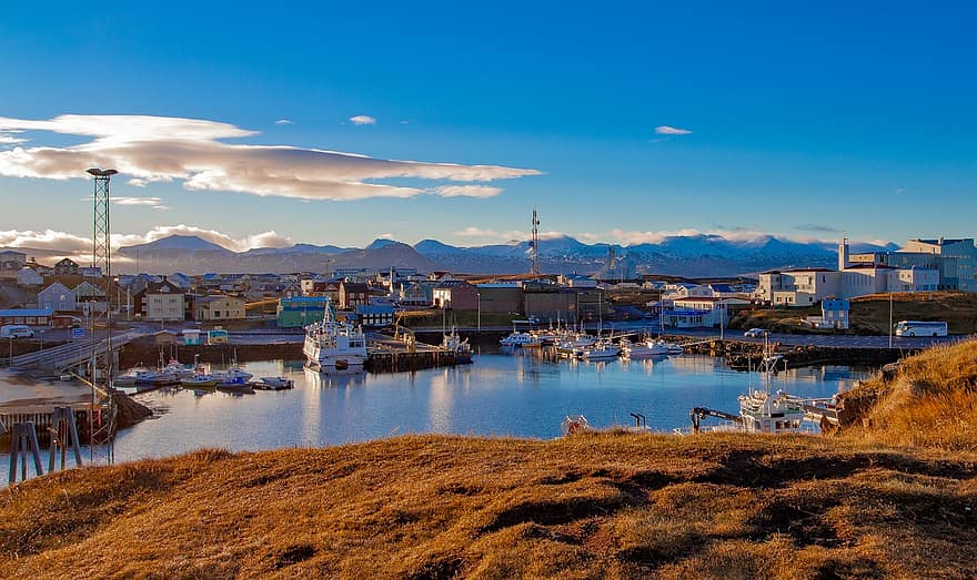 Исландия, пристанищен град, село, природа, порт, вода, плавателен съд, планина, пейзаж, залез, пътуване