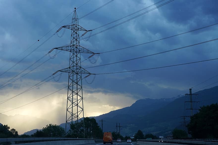 Masts, Electricity, Road, Energy, Wires, Storm, Power Lines, Highway, Mountain, fuel and power generation, blue