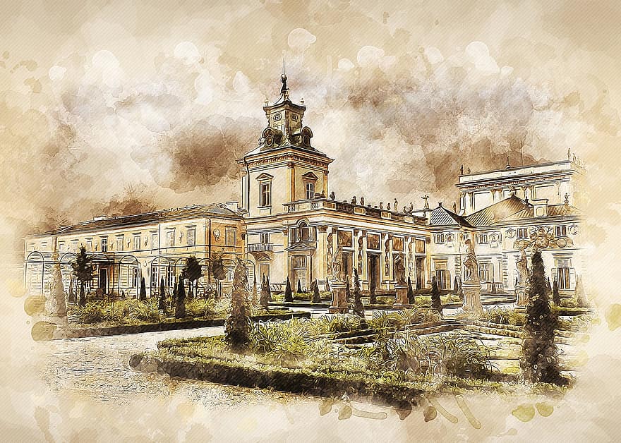 wilanów, palác, warsaw, paláce a parku, architektura, budova, památník, barock, mraky, bouřka, světelné bouře