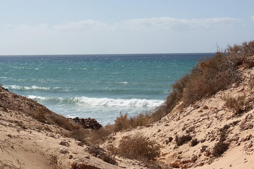mare, spiaggia, isole Canarie, dune di sabbia, sabbia, paesaggio, estate, costa, blu, acqua, onda