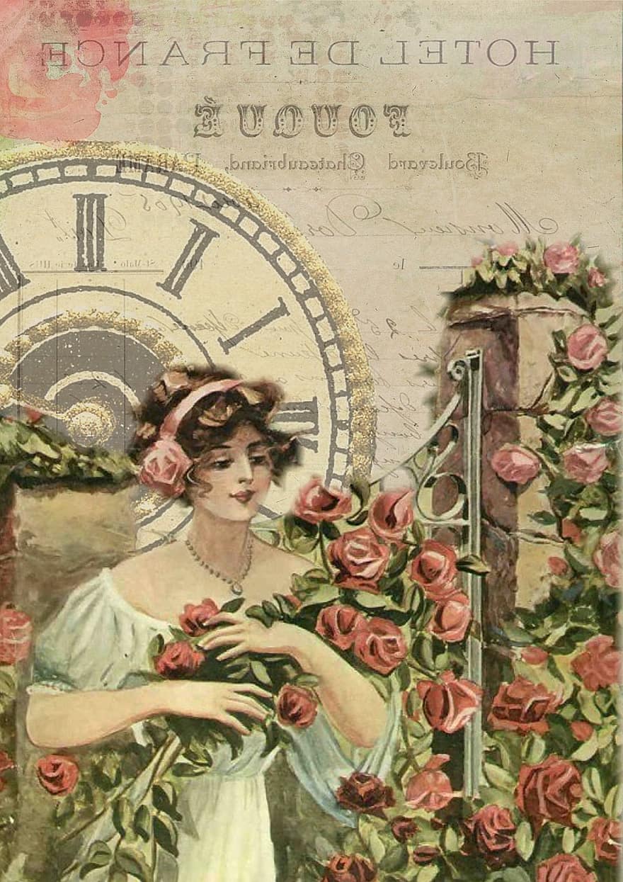 français, ancien, fille, des roses, l'horloge, actrice, film, plumes, fleur, rétro, vieux