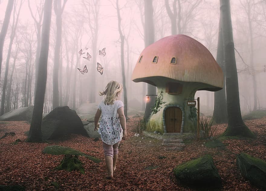 Girl, Child, Mushroom, House, Forest, Trees, Butterflies, Female, Door, Windows, Lamp