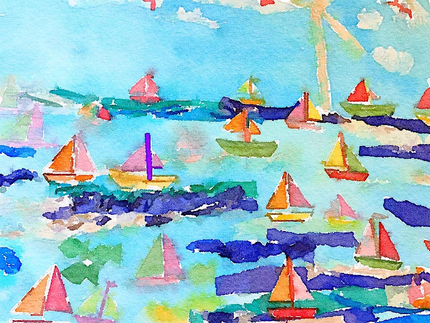 akvarelė, pajūrio, jūros, pakrantėje, scenoje, vaizdingas, kelionė, pakrantės, buriavimas, jūros pakrantėje, valtys