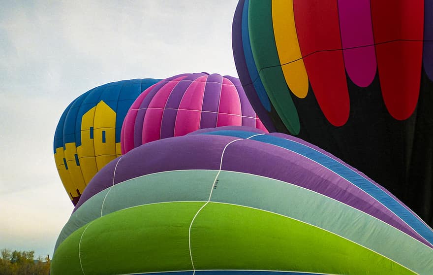luftballong, äventyr, dom, resa, multi färgad, flygande, grön färg, färger, blå, gul, sommar