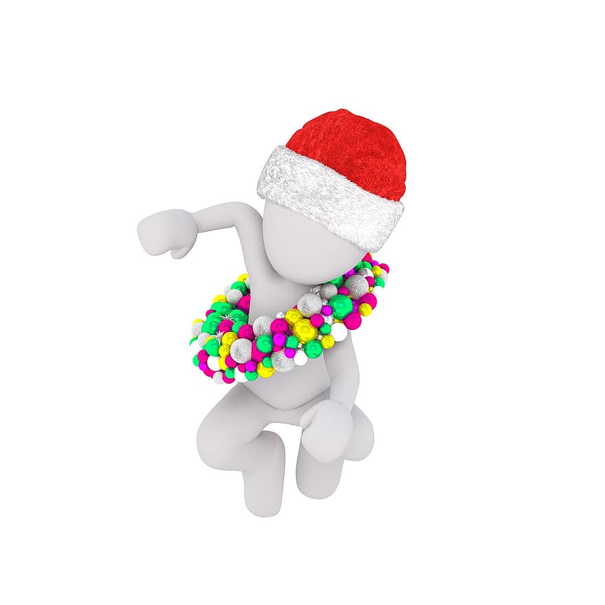 Christmas, White Male, Full Body, Santa Hat, 3d Model, Figure, Isolated, Christmas Wreath, Decoration, Balls, Christmas Balls