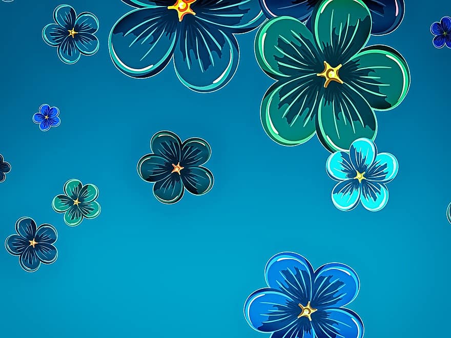 ziedi, ziedu fons, zils fons, ilustrācija, fona, zieds, modeli, vektoru, apdare, zils, lapas