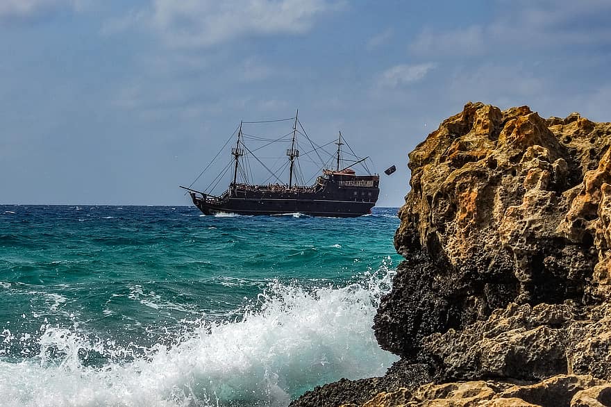 سفينة القراصنة ، البحر ، أمواج ، سفينة ، قارب ، صخرة ، مغامرة