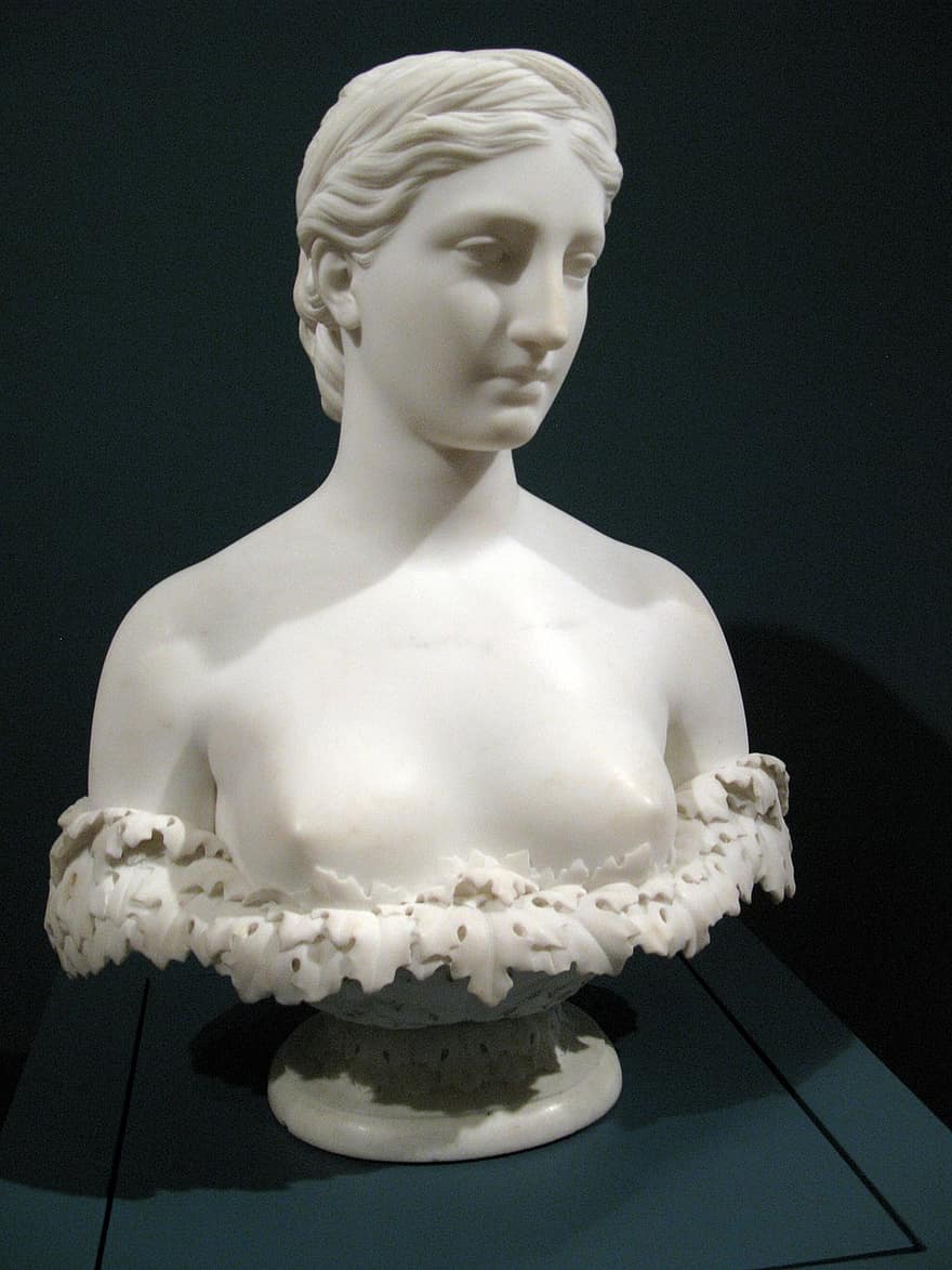 kvinna, sätta dit, skulptur, marmor-, vit, konst, bröst