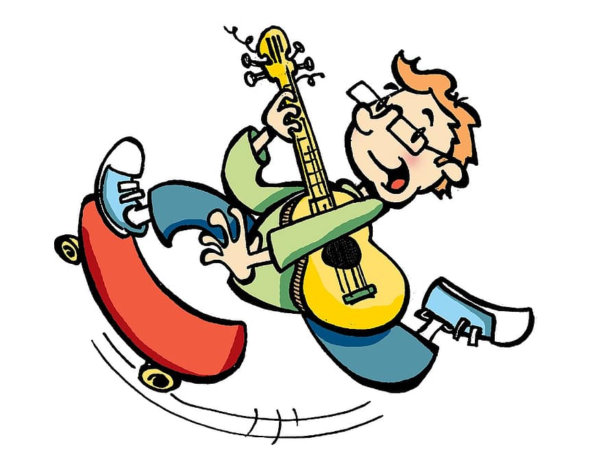 paauglys, riedlentė, gitara, hobis, laisvalaikis, berniukas, animacinis filmas, laimė, atšaldymas, žaisti, džiaugsmas