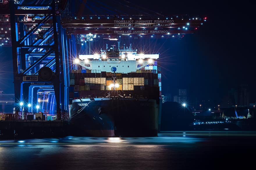 Puerto, enviar, envase, barco mercante, logística, Envío, transporte, muelle comercial, nave industrial, noche, contenedor de carga