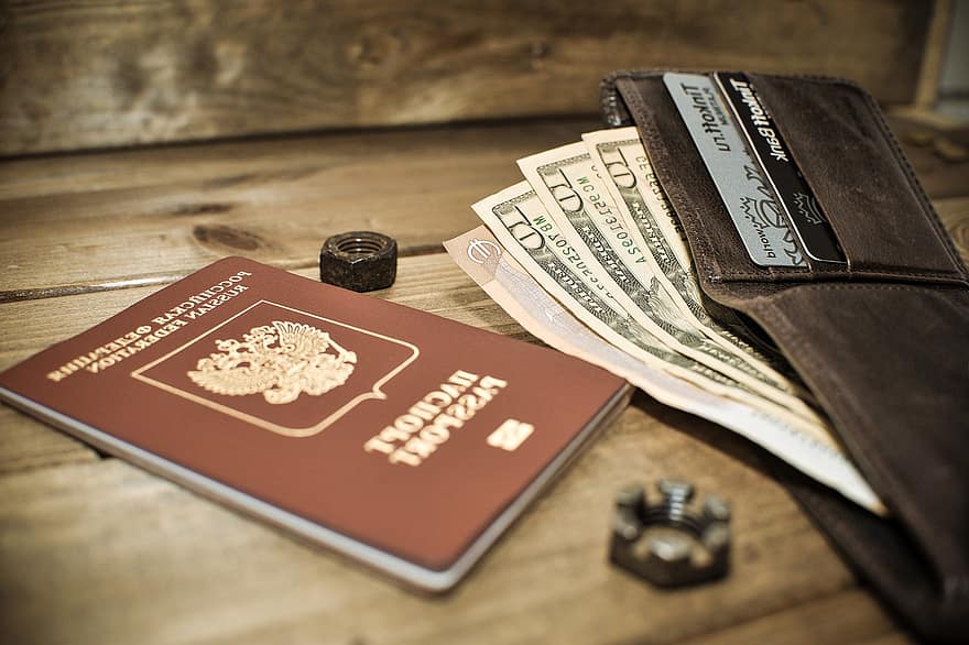 pasaporte, billetera, dinero, finanzas, tarjetas de crédito, dolares, negocio, efectivo, superficie de madera, empresario, éxito