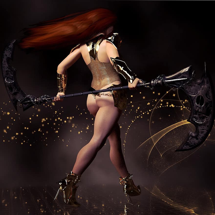 Fighter, Amazone, Heroine, Woman, Fantasy, Warrior, Mystical, Hair, Beauty, Determined, Weapon