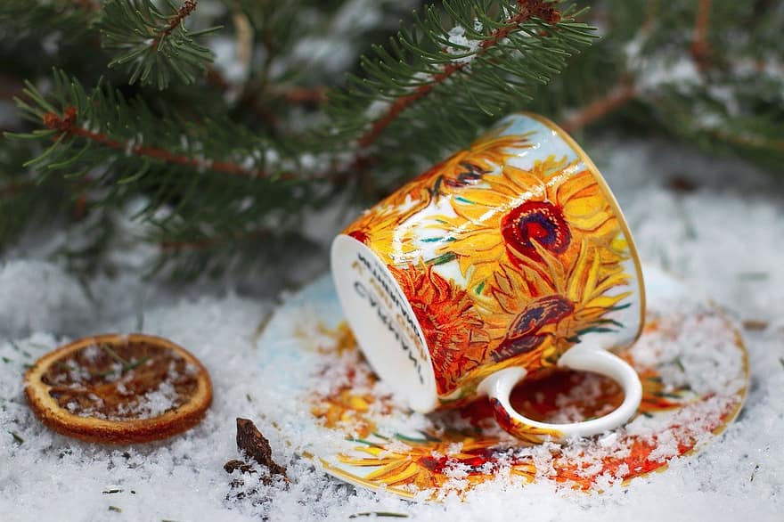 kaffe, juledrink, Van Gogh-krus, jul, juledrikke, drikke, morgenkaffe, snø
