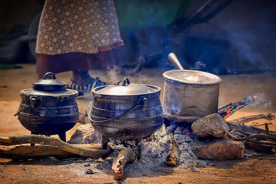 gatavot, Virtuves piederumi, kamīns, ēdiena gatavošana, zimbabve, Āfrika, tradicionāli, virtuve, podi, katls, malka