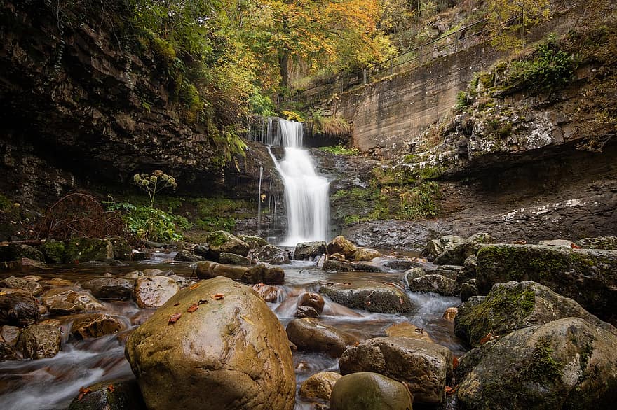 Waterfalls, Rocks, Falls, Stream, Brook, Flowing Water, Trees, Moss, Cliffs, Forest, Landscape