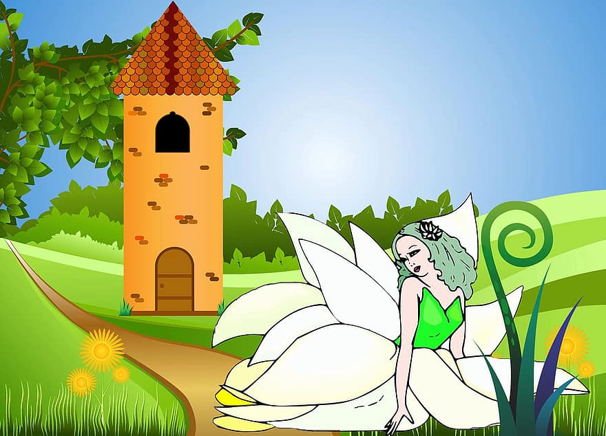 Fairy, Landscape, Fairy Tales, Tower, Garden, Sky, Spring, Green