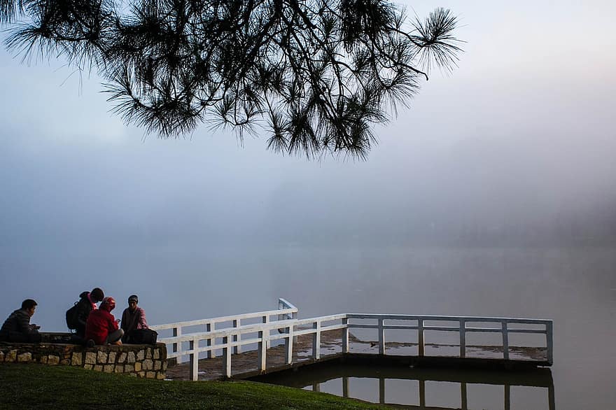 езеро, кей, мъгла, парк, вода, банка, природа, изгрев, сутрин, спокоен, хора