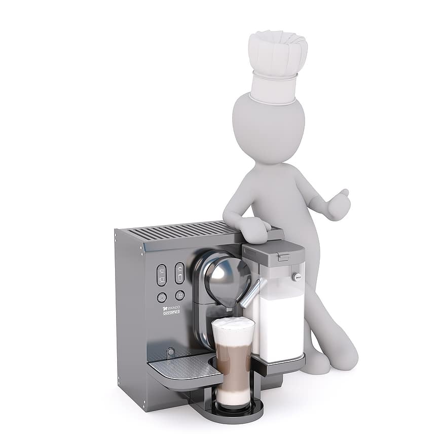 koken, cafe, cappuccino, Latte Macciato, espresso machine, thee, koffie, bereiden, Volautomatische koffiemachine, koksmuts, blanke man