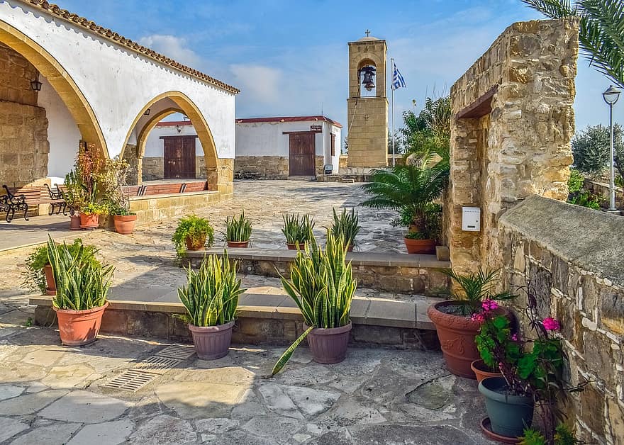 kostel, yard, architektura, náboženství, křesťanství, kamenné práce, budov, zdivo, ayios antonios, kelia, Kypr