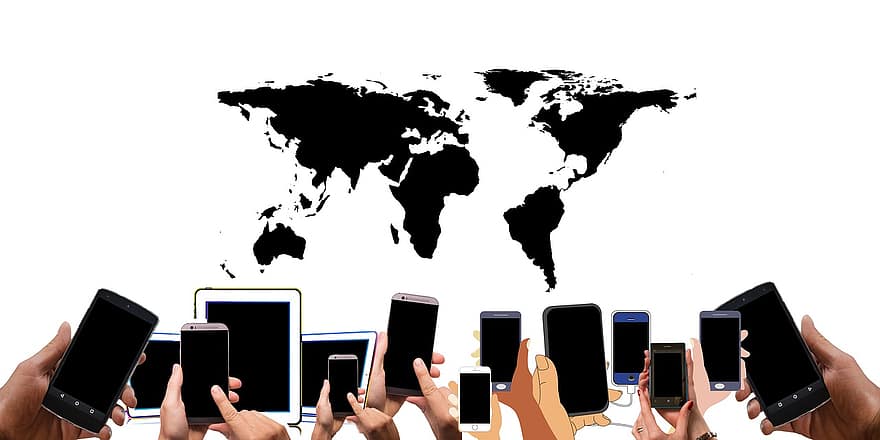 digitalisering, elektronisk, smarttelefon, mobiltelefon, telefon, hender, kloden, kontinenter, nettverk, datamaskin, digitalt