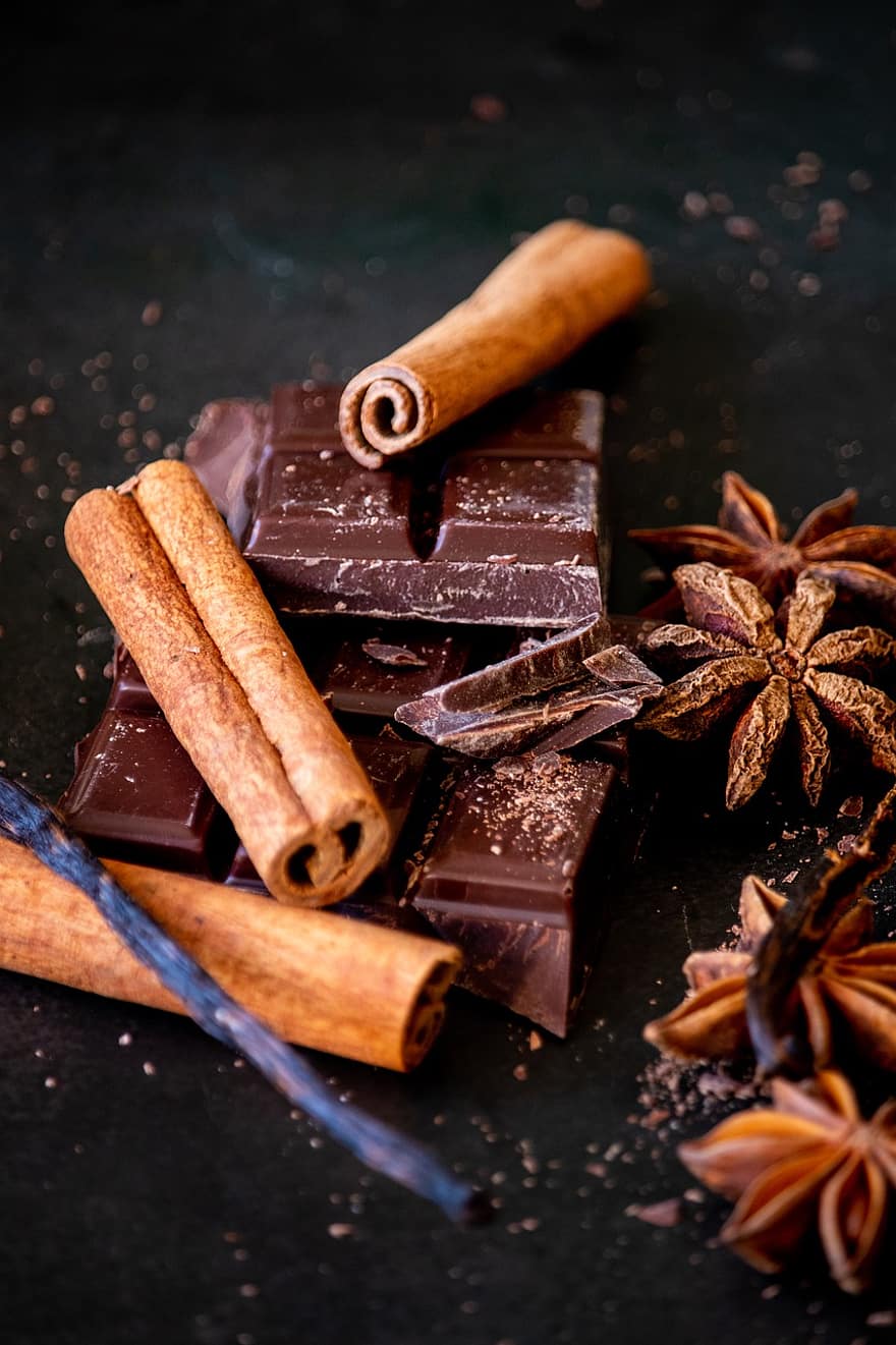 Cinnamon Sticks, Chocolate, Star Anise, Chocolate Bars, Spices, Ingredients, Cacao, Cocoa, Food, Food Photography, Composition