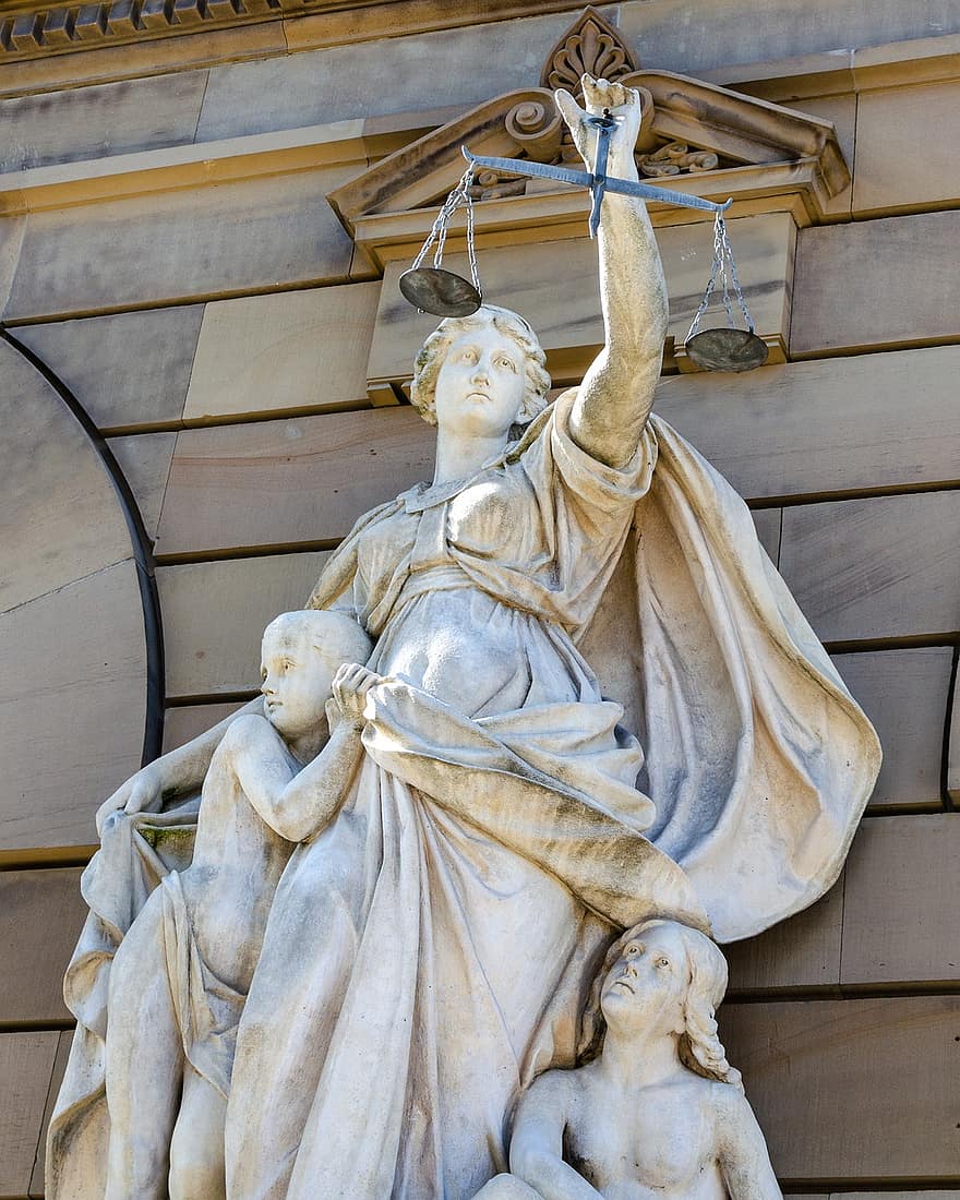 Justitia, retfærdighed, vandret, lov, jurist, kvinde, ret, symbol, jura, retspraksis, statue