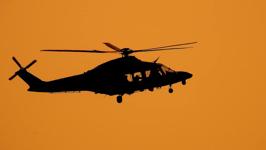 헬리콥터, 일몰, 실루엣, 나는, 축차, 헬리콥터 로터, 회전익, 항공기, 비행, 교통, 오렌지 하늘