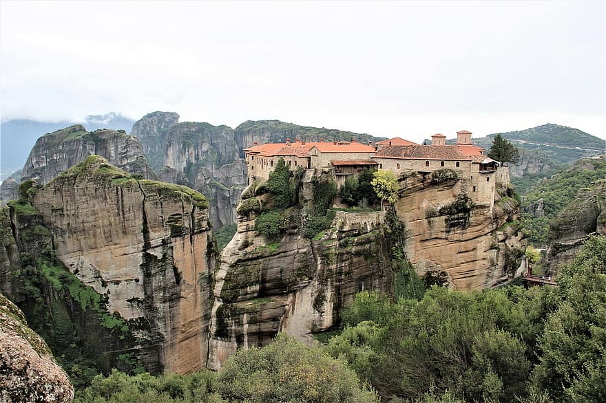 monasterio, rocas, meteora, Grecia, excursionismo, paisaje, montañas, punto de referencia, alto, Iglesia