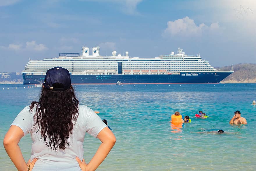 rejs, statek, turyści, ludzie, plaża, morze, ocean, wakacje, podróżować, lato, woda