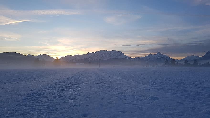 neu, muntanyes, esquí de fons, hivern, paisatge, cel, posta de sol, wallgau
